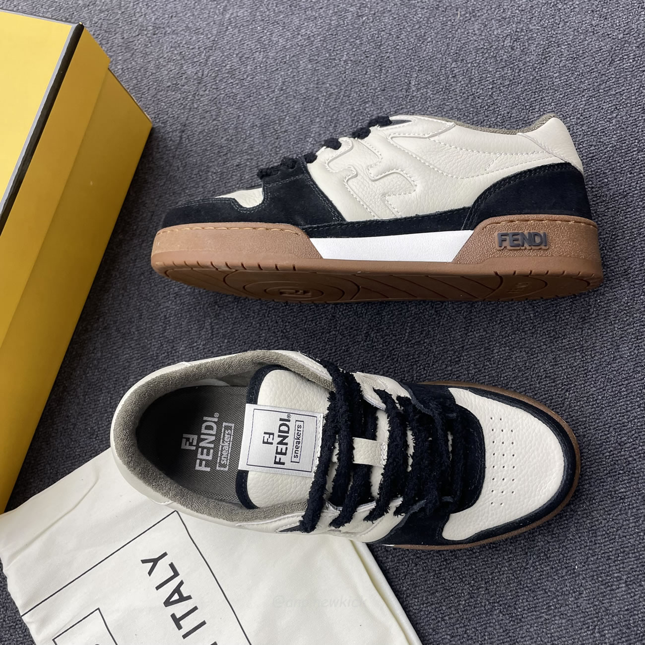 Fendi Match Cream Black White Suede And Leather Low Top Sneakers (6) - newkick.cc